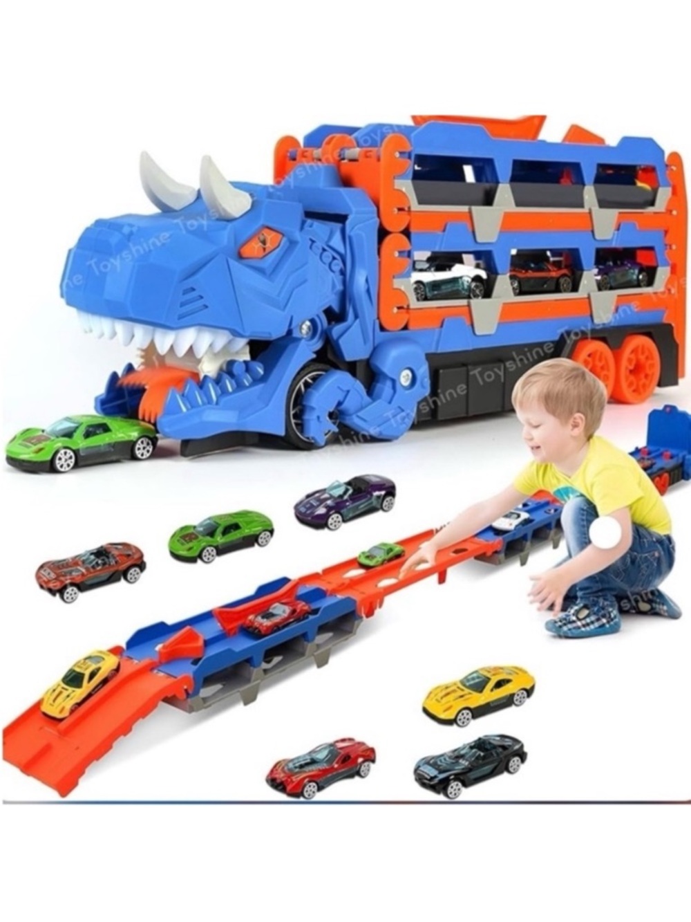 🆕- 2 in 1 Dinosaur Transport Truck w/ Detachable Tracks & 12 Cars. New in Box